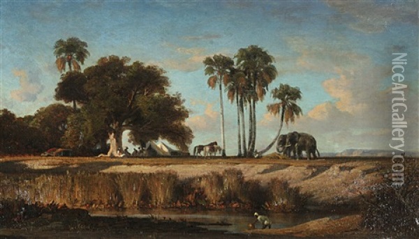 Le Repos Des Elephants En Inde Oil Painting - Charles Emile de Tournemine