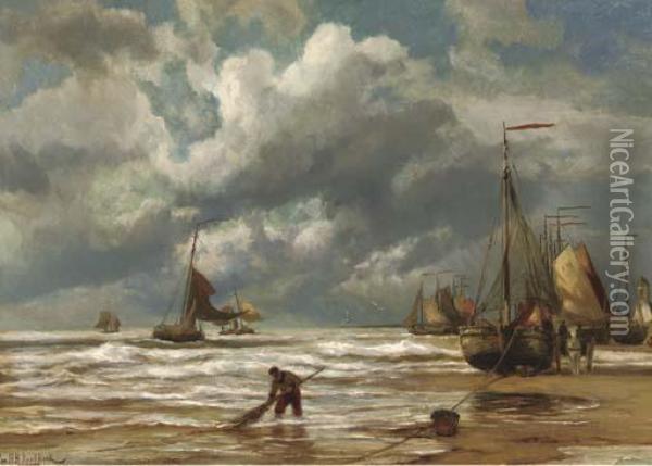Bomschuiten On The Beach Of Katwijk Oil Painting - Johannes Hermann Barend Koekkoek