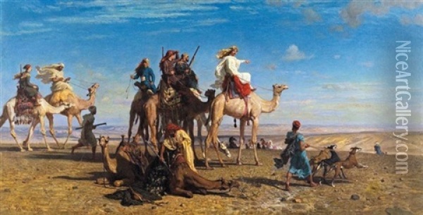 La Chasse A La Gazelle Dans Le Desert Egyptien, Sinai Oil Painting - Leon Adolphe Auguste Belly