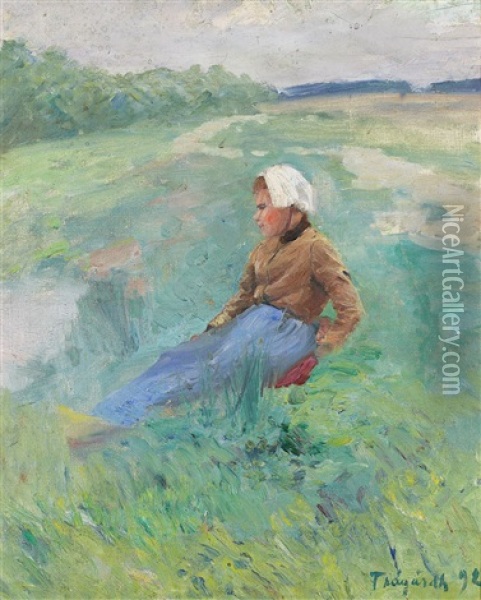 Vilande Kvinna I Landskap Oil Painting - Carl Ludwig Traegardh