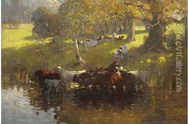 Cattle watering on a summer's day Oil Painting - James Wallace