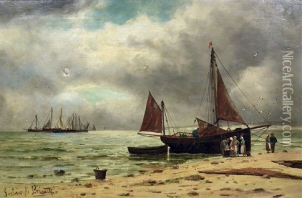 Moored Fishing Boat With Figures To Beach Oil Painting - Gustave de Breanski