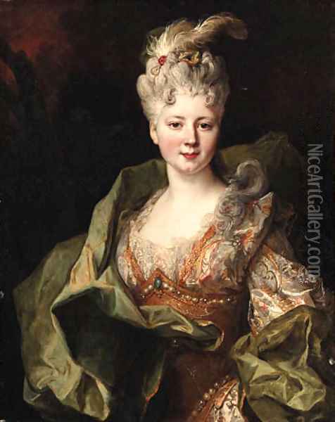 Portrait of Mlle. Jeanne de Gagne Perrigny, half-length, in an embroidered orange and white dress and green wrap Oil Painting - Nicolas de Largilliere