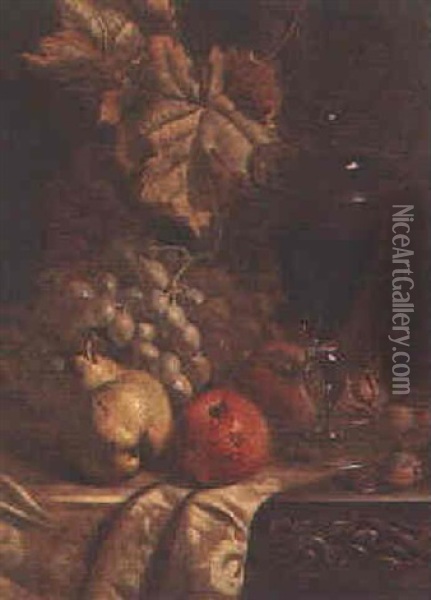 Still Life With Grapes, Apples, A Pear And A Wine Goblet Oil Painting - William Hughes