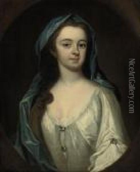 Portrait Of A Lady, Half-length, In A White Dress And Blue Mantle,in A Feigned Oval Oil Painting - Michael Dahl