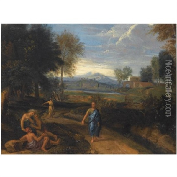 An Arcadian Landscape With Classical Figures Resting In The Foreground, Other Figures On A Path, A View Of A Village Beyond Oil Painting - Jan Frans van Bloemen