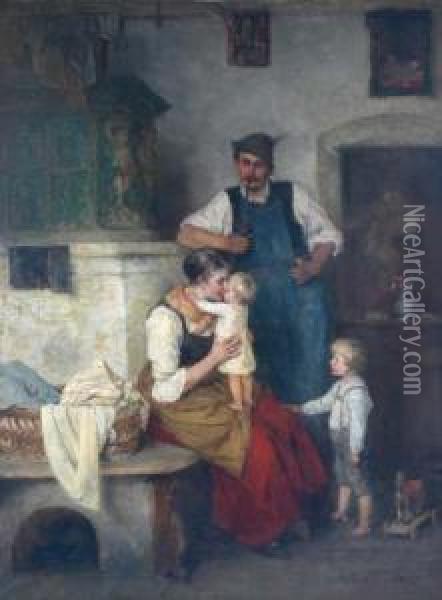 Stubeninterieur Mit Bauernfamilie Am Kachelofen Oil Painting - Mathias Schmid