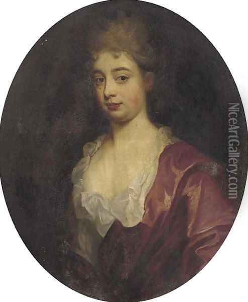 Portrait of a lady, bust-length, in a red dress Oil Painting - Sir Godfrey Kneller