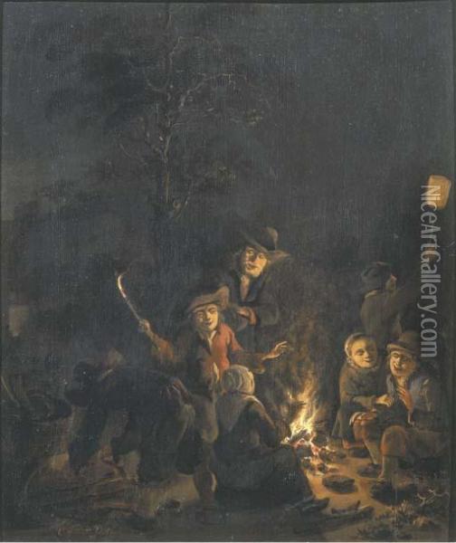 Boors Gathered Around A Bonfire At Night Oil Painting - Egbert van der Poel