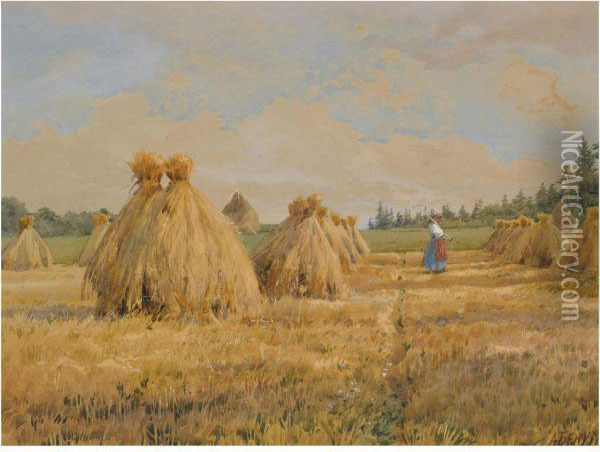 Haystacks In A Field Oil Painting - Albert Nikolaivich Benua