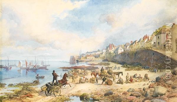 A Bustle Of Activity On The Beach At Low Tide, Thought To Be Robin Hood's Bay, Yorkshire Oil Painting - Robert Michael Ballantyne