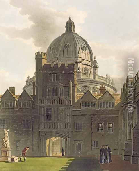 Exterior of Brasenose College and Radcliffe Library, illustration from the 'History of Oxford', engraved by J. Bluck fl.1791-1831 pub. by R. Ackermann, 1814 Oil Painting - Augustus Charles Pugin