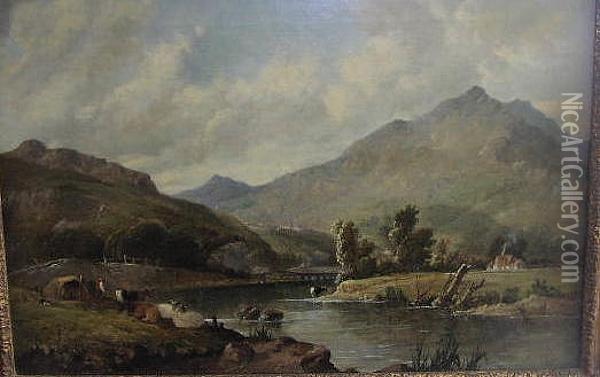 A River Landscape With Cattle At Rest Oil Painting - A.H. Vickers
