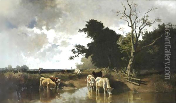 Watering Cattle Oil Painting - Joseph Wenglein