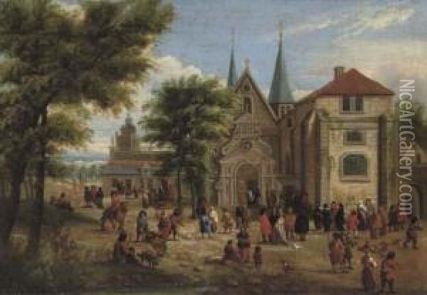 Figures Gathered In Front Of A Church In A Wooded Landscape Oil Painting - Mattijs Schoevaerdts