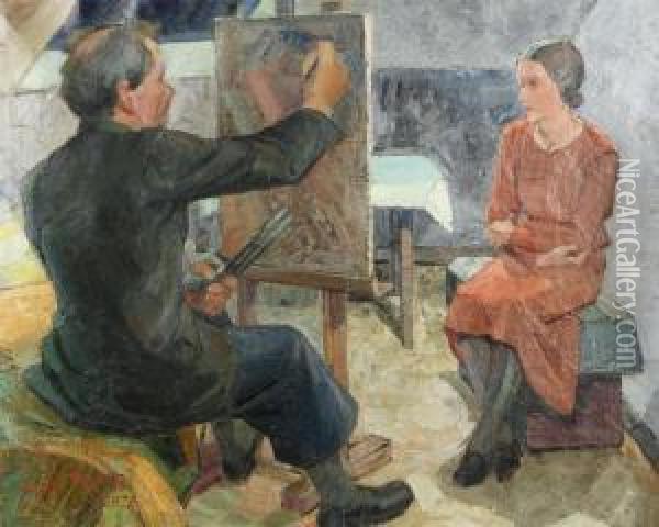 Artist And His Model. Oil Painting - L.A. Ring