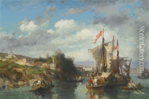 Fishermen On The Bosphorus Near Scutari, With The Selimiye Barracks In The Background Oil Painting - Germain Fabius Brest