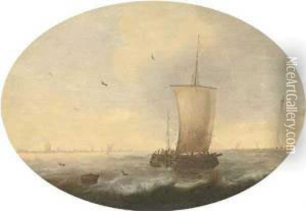 Shipping In A Stiff Breeze, A Coastline With A Town Beyond, In A Painted Oval Oil Painting - Jacob Adriaensz. Bellevois