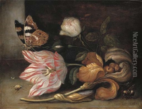 A Tulip, An Iris And A Rose With A Painted Lady Butterfly And A Hoverfly Oil Painting - Balthasar Van Der Ast