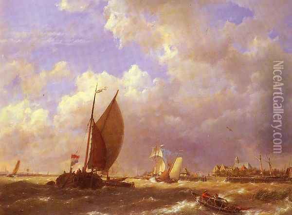 A Sunlit Dock Oil Painting - Johannes Hermanus Koekkoek Snr