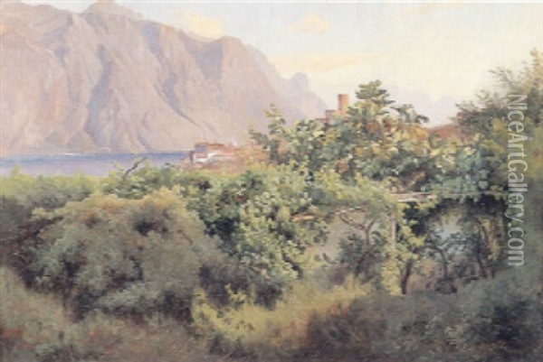 Bjerglandskab Med So Oil Painting - Johann Hermann Carmiencke