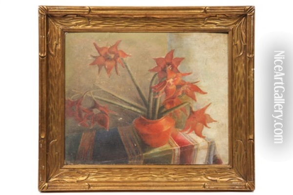 Red Flowers In Red Pot On Indian Tablecloth Oil Painting - Mabel Hooper LaFarge