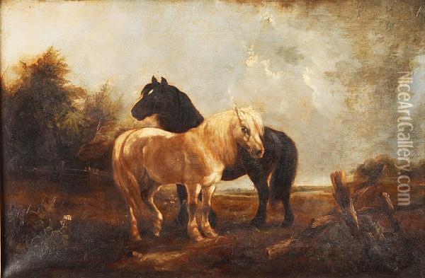 Horses Before A Landscape Oil Painting - John Frederick Herring Snr