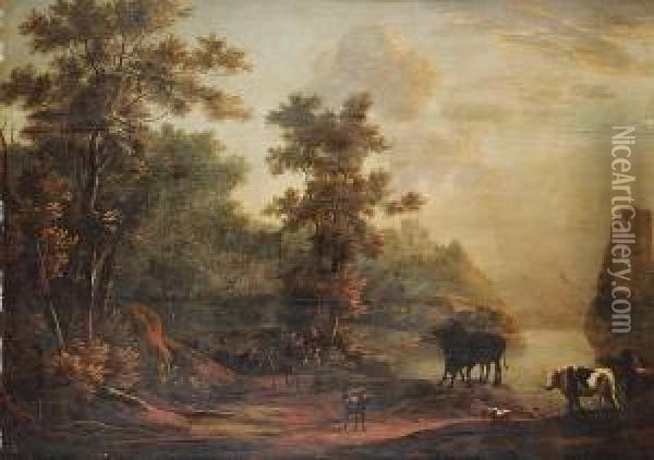 A Wooded Landscape With Travellers On A Path Beside A Lake Oil Painting - Willem Hendricksz Verboom