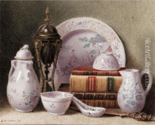 Still Life Of China And Books Oil Painting - Benjamin Walter Spiers