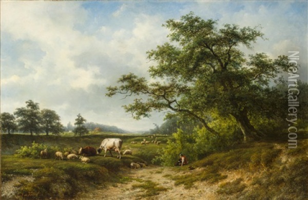 A Landscape With Herder, Cattle And Sheep At Pasture Oil Painting - Cornelis Jan de Vogel