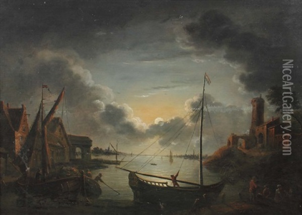 Fischerboote An Der Kuste Einer Niederlandischen Stadt Im Vollmondschein Oil Painting - Jean Francois de Wouters