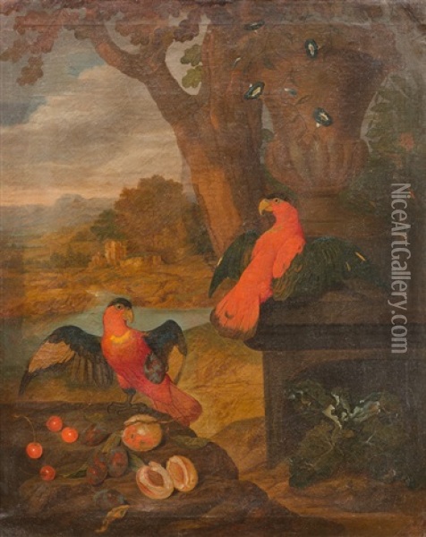 Zwei Papageien In
Landschaft - Im Vordergrund Kleines Stillleben
Mit Fruchten Oil Painting - Philipp Ferdinand de Hamilton