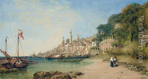 An Italian Coastal Town Oil Painting - William Wyld