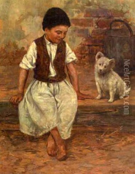 Young Boy With His Puppy Oil Painting - Geza Peske