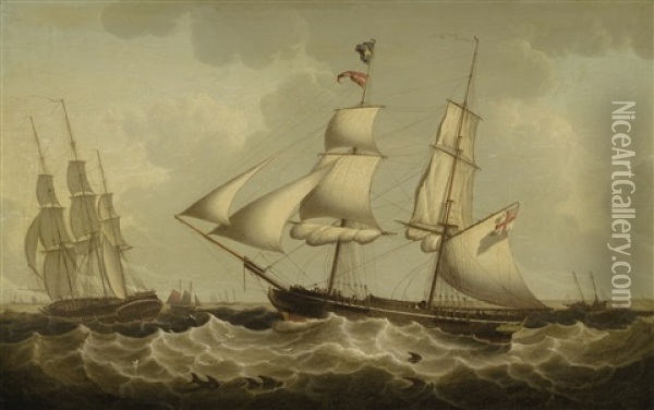 A British Brig And Frigate, Off The Mouth Of The Mersey Oil Painting - Robert Salmon