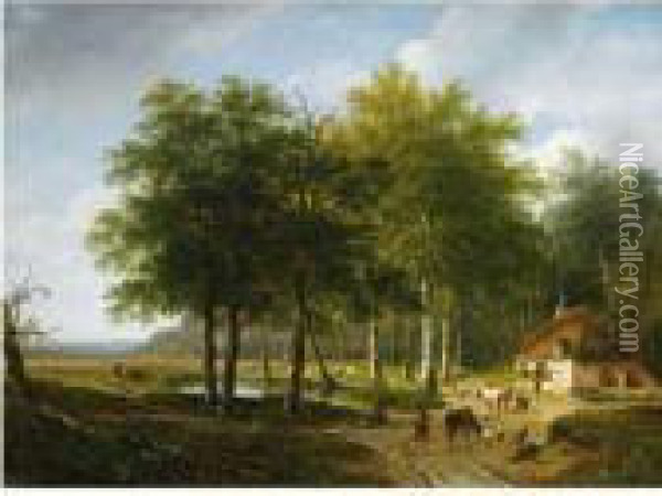 A Herd With Cattle In A Summer Landscape, De Veluwe Oil Painting - Andreas Schelfhout