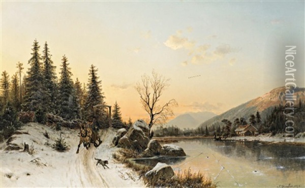 Norwegische Winterlandschaft Mit Pferdeschlitten Oil Painting - Johannes Bartholomaeus Duntze