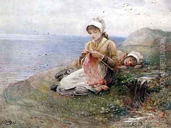 Girl knitting Oil Painting - John Parker