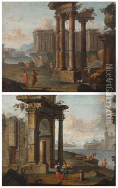 Palais Classique Et Ruines Antiques Devant Un Rivage De Mediterranee (pair) Oil Painting - Giovanni Battista Cimaroli