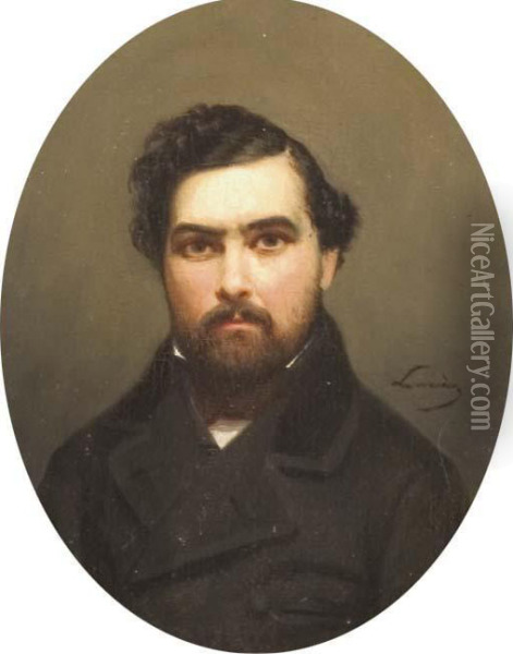 Portrait D'homme En Habit Noir Dans Un Oval Feint Oil Painting - Alphonse Lavauden Lavaudan