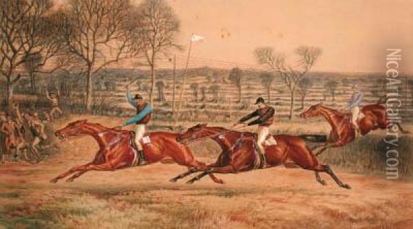 The Open Hunter's Plate At The Rugby Hunt Steeplechase Oil Painting - Basil Nightingale