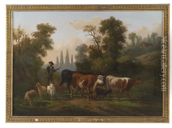 Herder On A Country Path With His Herd Oil Painting - Pieter Gerardus Van Os