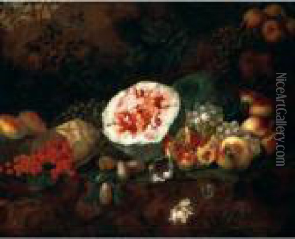 Still Life Of A Watermelon, 
Pomegranates, Grapes, Wild Strawberries, Apples And Plums In A Landscape Oil Painting - Giovanni Battista Ruoppolo