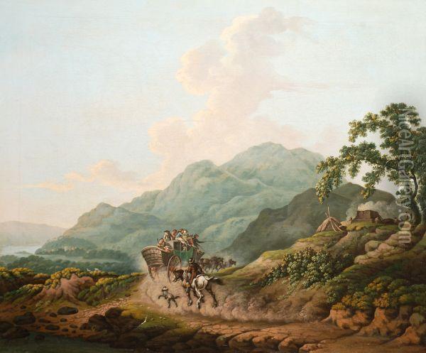 A Mountainous Landscape With A Coachand A Horseman On A Road Oil Painting - Julius Caesar Ibbetson