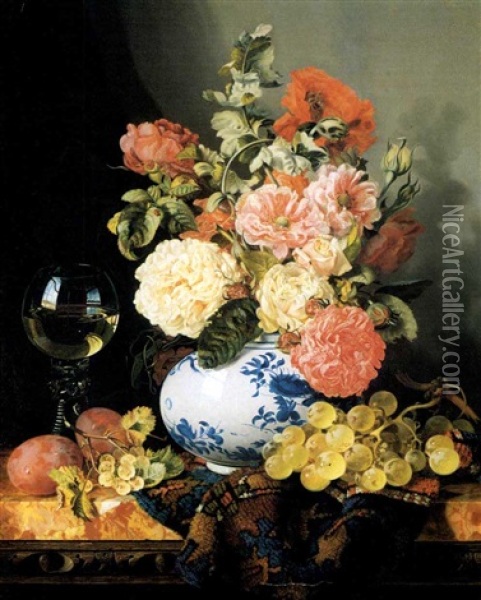 Poppies And Roses In A Chinesevase, With Fruit, A Glass Of  Wine And An Oriental Rug On A Marble Topped Table Oil Painting - Edward Ladell