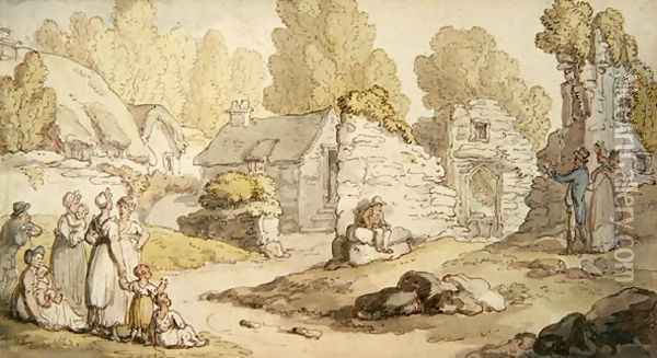 A Village Scene with Figures and Ruined Buildings Oil Painting - Thomas Rowlandson