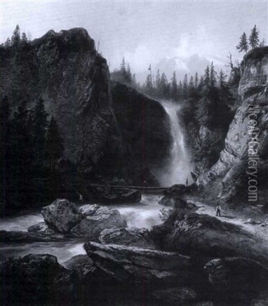 Figures By A Waterfall Oil Painting - Ludwig Neelmeyer