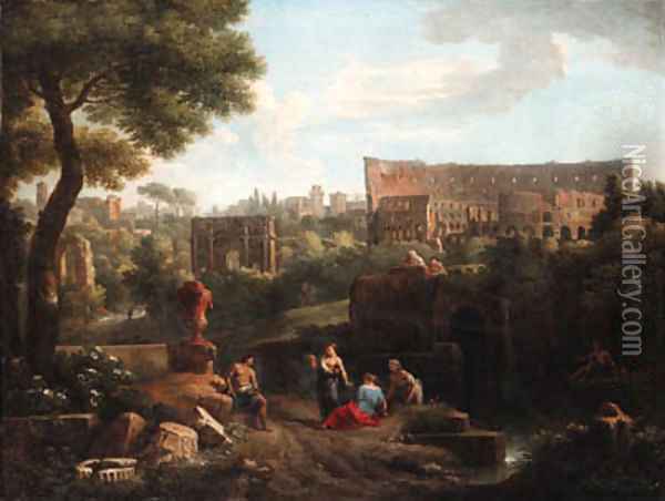 A capriccio of Rome with the Colosseum and the Arch of Constantine Oil Painting - Jan Frans Van Bloemen (Orizzonte)