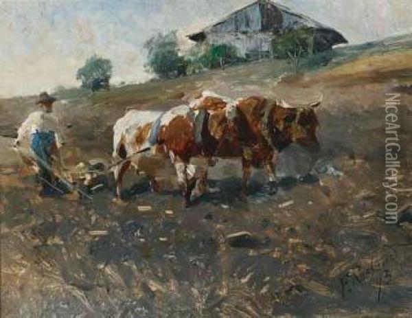 Farmer Ploughing With Oxen Oil Painting - Franz Roubaud