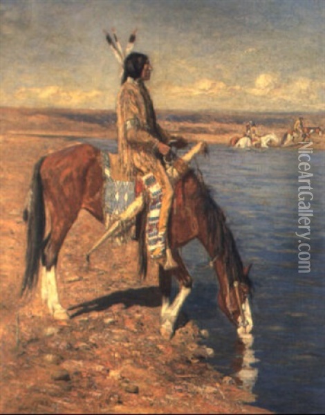 A Mounted Red Indian At A Pool Oil Painting - Gaspard Latoix